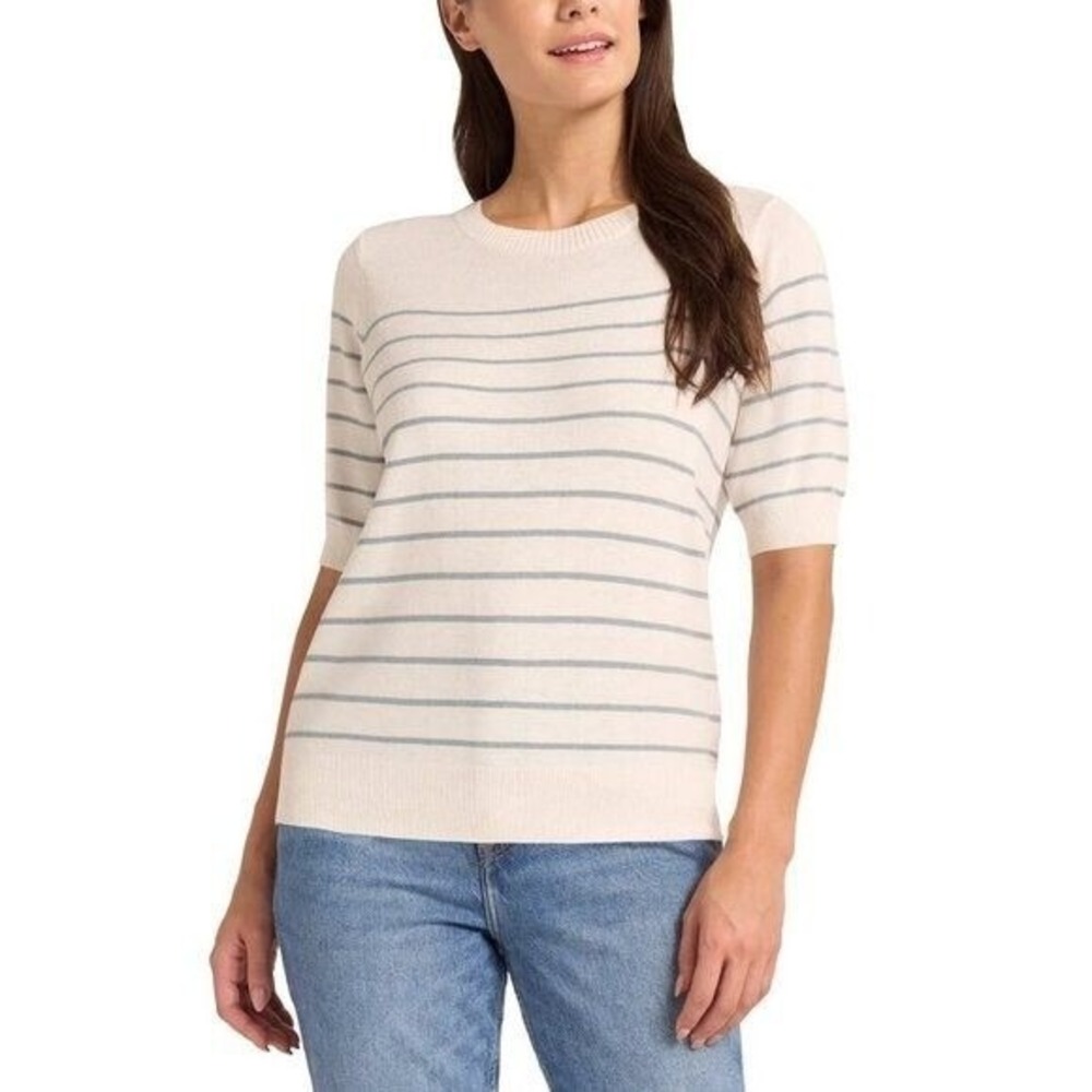 Matty M Classic Stripe Knit Top Womens Short Sleeve Crew Neck Cream Blue, XXL